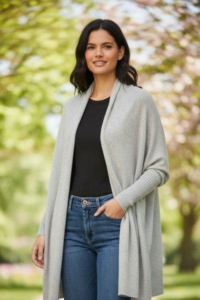 100% Cashmere Cocoon Shawl Sweater Jacket | Fall Lt Grey 2