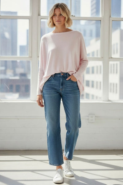 100% Cashmere Loose & Easy Crewneck Favorite Sweater cardamon white pink
