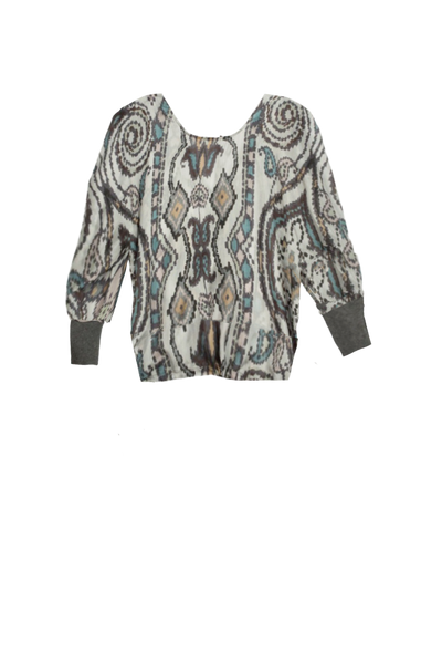 100% Silk Print Crop Drawstring Top with Sweater Rib Cuffs Charcoal Aztec Floral