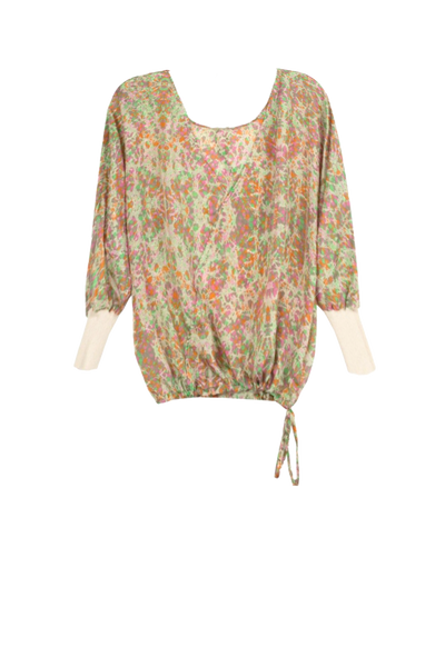 100% Silk Print Crop Drawstring Top with Sweater Rib Cuffs Clover Floral