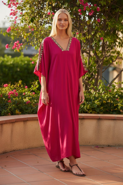 Bali Maxi Rayon Caftan Sundress with Metallic Hand Beading