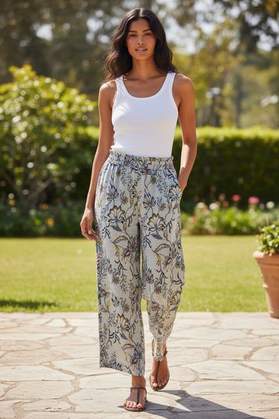 Shirred Waist Cotton Print Beach Beach Lounge Pant