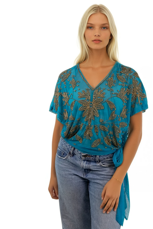 Turq-Gold-Mesh-Embroidery-Gilded-Garden, almost vintage beaded top, archive vintage