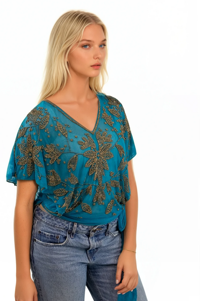 Turq-Gold-Mesh-Embroidery-Gilded-Garden, beaded stitched top, almost vintage