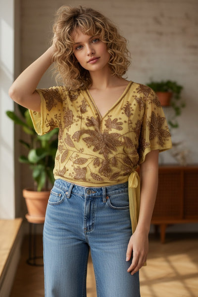 Almost Vintage Hand Beaded Mesh Side Tie Top with V Neck Flutter Sleeve gold yellow with bronze beads 6