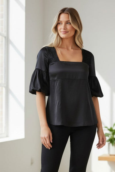 Almost Vintage Smocked Square Neck Silk Satin Top black 3