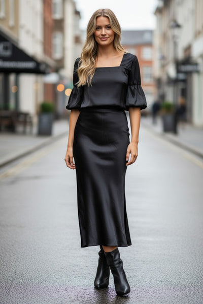 Almost Vintage Smocked Square Neck Silk Satin Top black