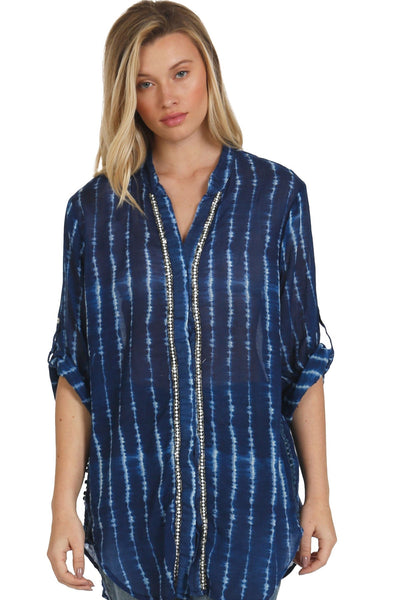 Amari Beachside Beaded Sequin Detail in 100% Cotton Dip Dye Long Shirt, Subtle Luxury