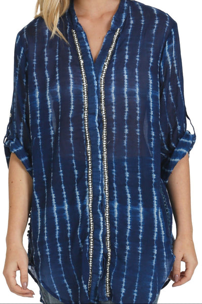 Amari Beachside Beaded Sequin Detail in 100% Cotton Dip Dye Long Shirt, Subtle Luxury