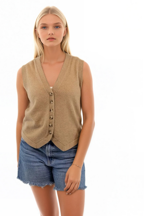Acorn-Brown-Color-Cashmere-Vest Button Front Women's Cashmere