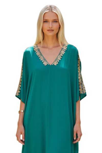 Bali Maxi Rayon Caftan Sundress with Metallic Hand Beading emerald green color 2