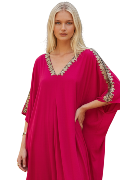 Bali Maxi Rayon Caftan Sundress with Metallic Hand Beading red color