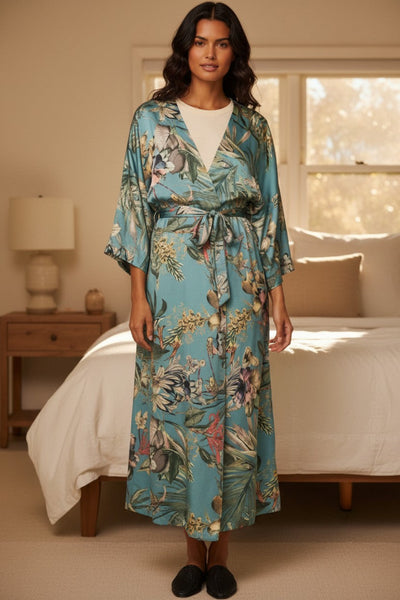 Bed to Brunch Robe Kimono in Tropical Escape Print turq 3