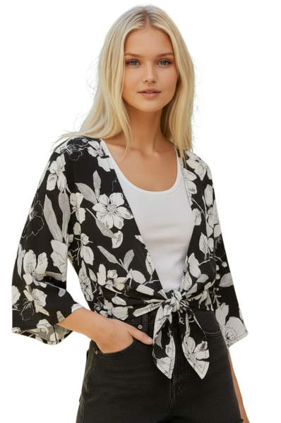 Bed to Brunch Tie Wrap Long Top in Shadowed Petals Black Floral Print 2
