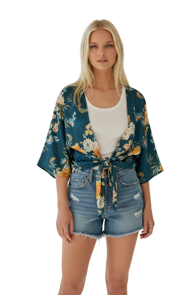 Bed to Brunch Tie Wrap Top in Soft Bouquet Print blue