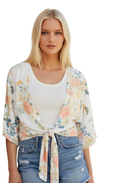 Bed to Brunch Tie Wrap Top in Soft Bouquet Print whiite