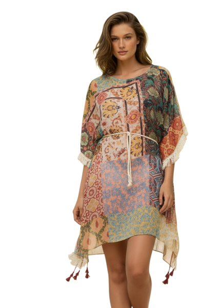 Boho Beach Fringe Edge Sundress in Moroccan Patchwork Print 4