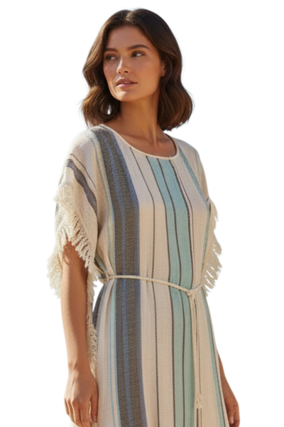 Boho Beach Stripe Natural Blue Coverup Sundress in Venice Boardwalk