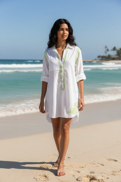Boyfriend White Cotton Shirt with Hand Stitch Embroideries Sunshine Colors lime color