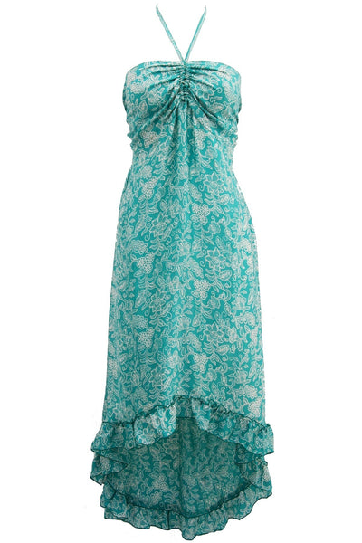 Ruffle-Hem Halter Hi-Low Midi Dress in Silk Bali Stamp Print