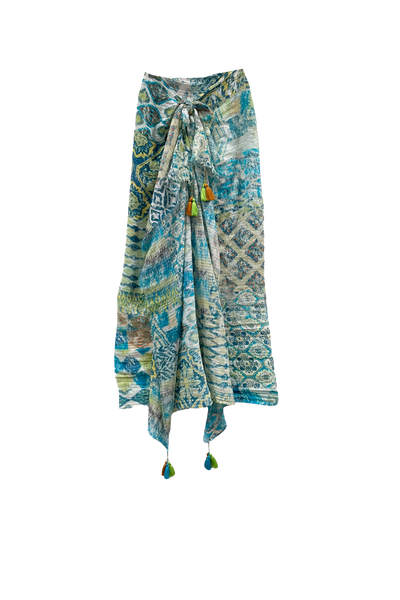 CT50Braided Sarong Multi-Wear Coverup in Artisanal Patchwork Blue Print 2
