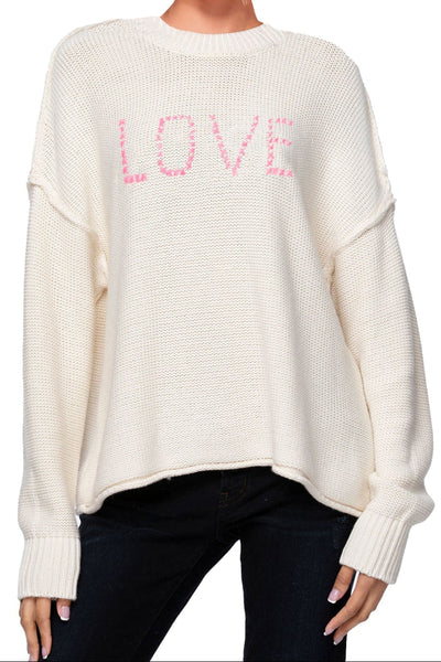 Subtle Luxury Chunky Cotton Blend Pullover Sweater- Cross Stitch "Love" hand embroidery Ivory Pink