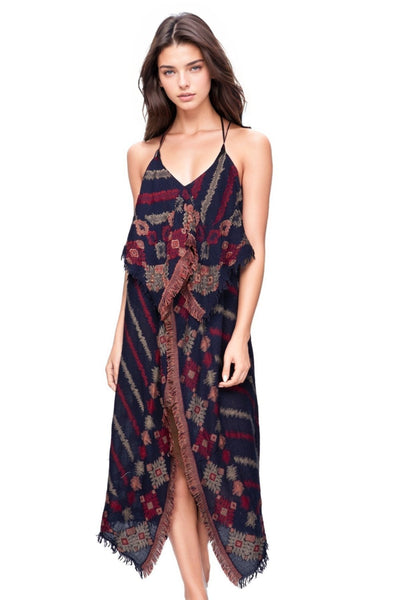 Coastal Summer Coverup Sundress in Menagerie Stripe Jacquard Navy Wine
