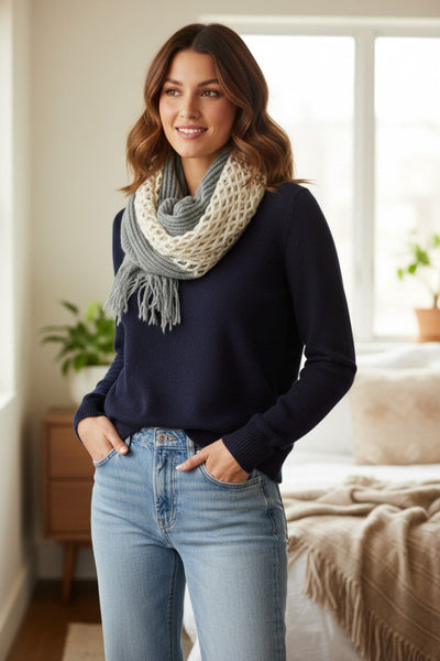 Convertible Over-sized Hand Knit Scarf in Cream & Grey 2