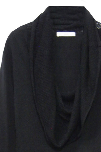 Cowl-Neck Sweater | Open Knit Stitch Sheer Front | Tencel - Cashmere Blend Knit, black close up