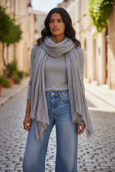 Crinkle Desert Luxury Extra Fine Wool Scarf Wrap light grey