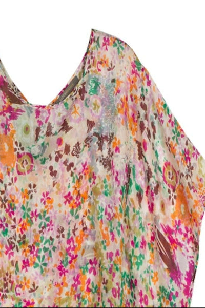 Dahlia Burst Bright Print, Floral Medallion Brown, Feathered Strokes Orange, Feathered Strokes Orange Silk Print, 100% Silk Chiffon Silk Crop Top with Kimono Sleeve , almost vintage