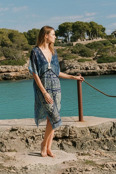Kaftan Maxi Coverup Sundress in Denim Patches Print with Braided Trim
