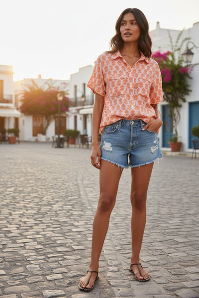 Double Cotton Gauze Getaway Camp Shirt in Prints corals block ditsy print