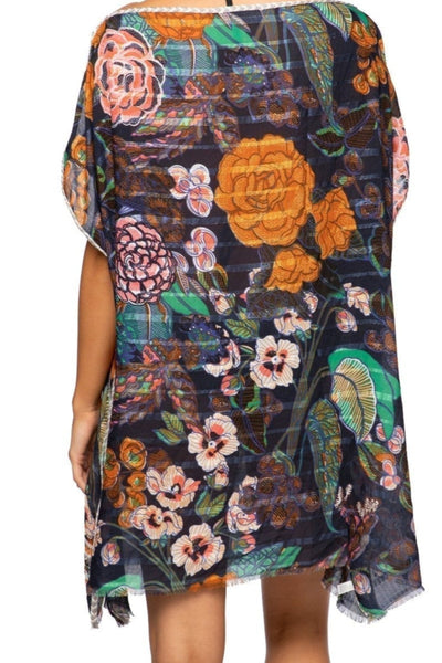 Enchanting Blooms Satin Print Corinthian Shift Sundress Cover-Up navy back