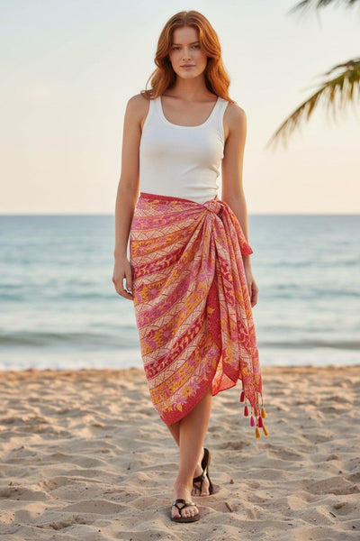 Floral Fusion Coral & Hibiscus Cotton Sarong Scarf Wrap