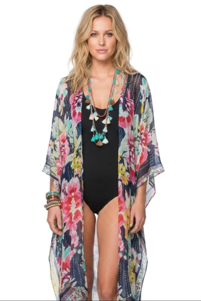 Floral Kisses Print with Embroidery Kimono Coverup Pool to Party