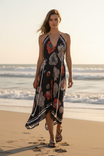 Floral Navy Border Print Halter Neck Sundress Coverup