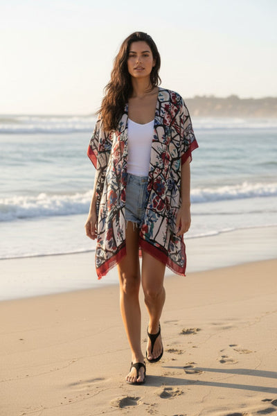 Glass Flower Print Coverup Kimono Wrap in Red-Blue