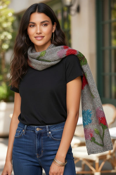 Hand Knit Floral Multi Color Jacquard Long Scarf Wrap grey multi 3