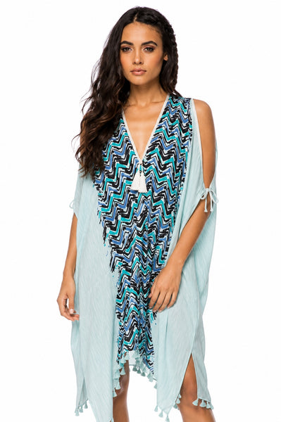 Open Shoulder Sundress Coverup in Chevron River Print with Tassel
