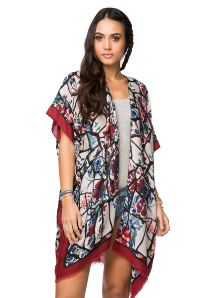 Kimono Coverup Print Glass Flowers Red Blue Pool to Party