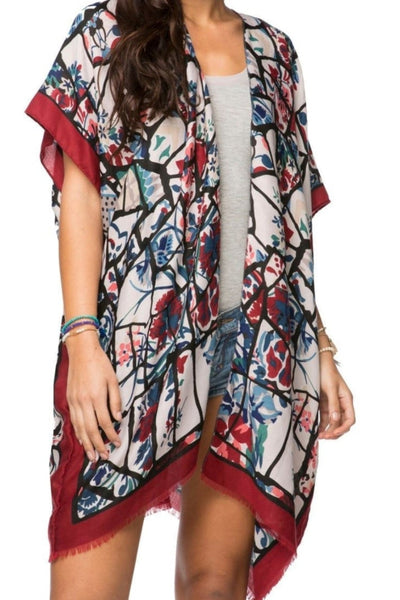 Kimono Coverup Print Glass Flowers Red Blue Pool to Party