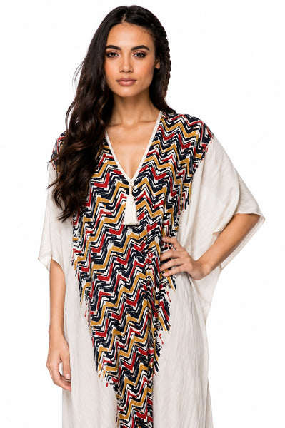 Open Shoulder Sundress Coverup in Chevron River Print with Tassel