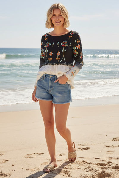 Layla Cotton Peplum Gauze Top with Stitched Embroidery black and white dip dye