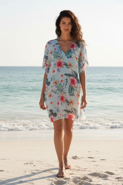 Love Story Sheer Print V-Neck Short Sundress Coverup