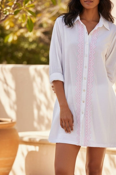 Lt Pink-White on White-River Blue-River Blue-Gold Tan-Tan-Ziggy Button Down Embroidery Shirt Dress in Washed Cotton