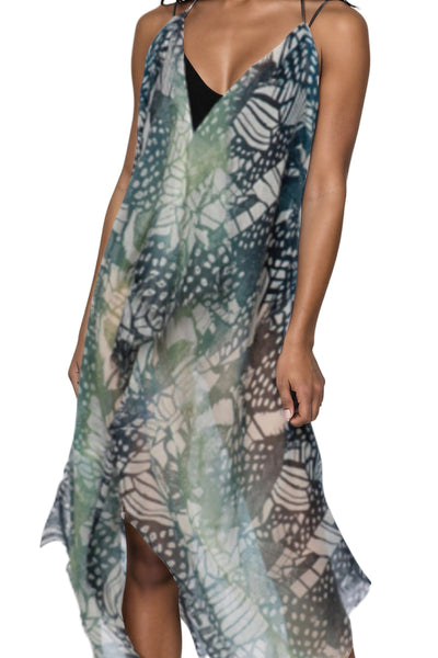 MTDP15- Multi Tassel Dress Coverup_Teal_black_large_scale_butterfly_print_coverup_back 2
