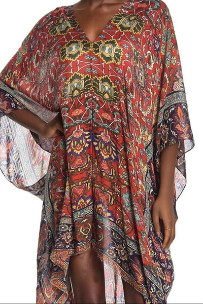 Masala Multi-Colored Luxury Print | V-Neck Kaftan Coverup 3 pool to party