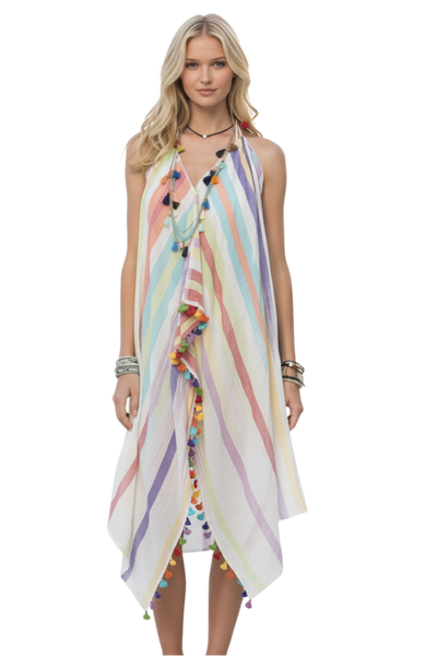 Maxi Tassel Coverup Sundress in Color me Pretty Woven Fabric 2 rainbow