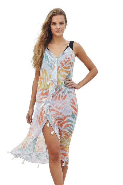 Maxi Tassel Sundress Coverup in Summer Sahara Sheer Print 2